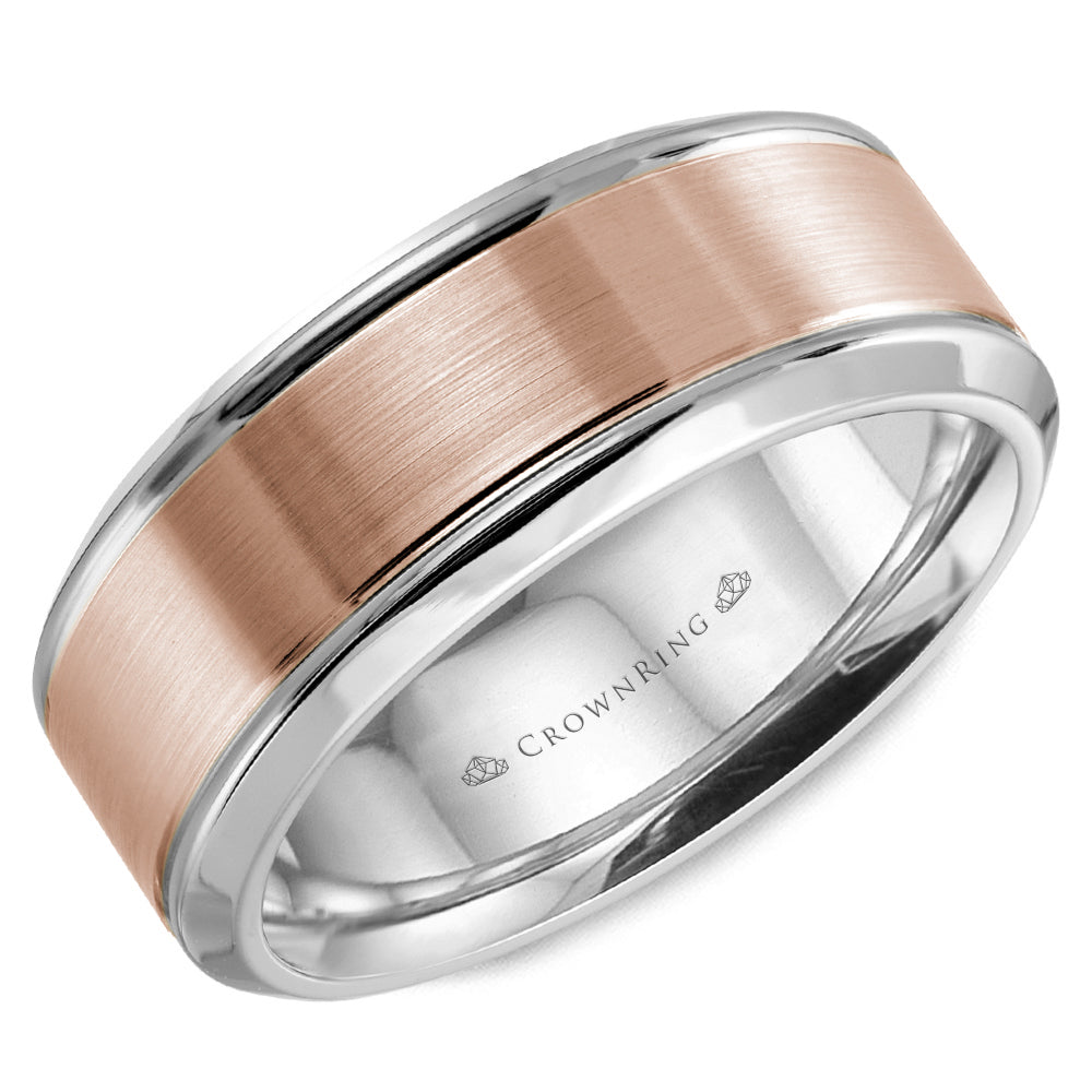 CrownRing Rose & White 7mm Sandpaper Center & High Polish Bevel Edge Wedding Band