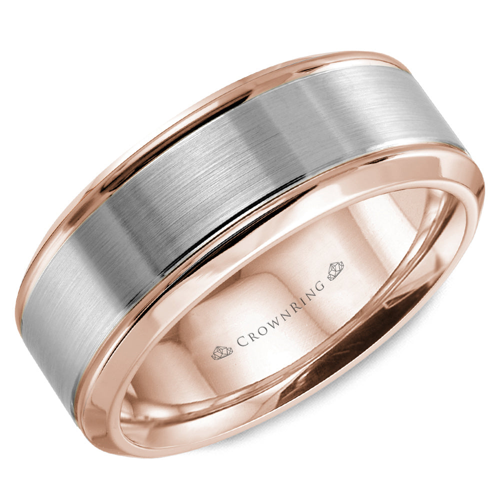 CrownRing White & Rose 7mm Sandpaper Center & High Polish Bevel Edge Wedding Band