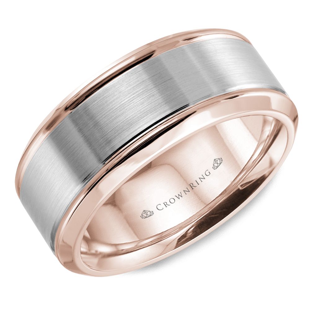 CrownRing White & Rose 8mm Sandpaper Center & High Polish Bevel Edge Wedding Band