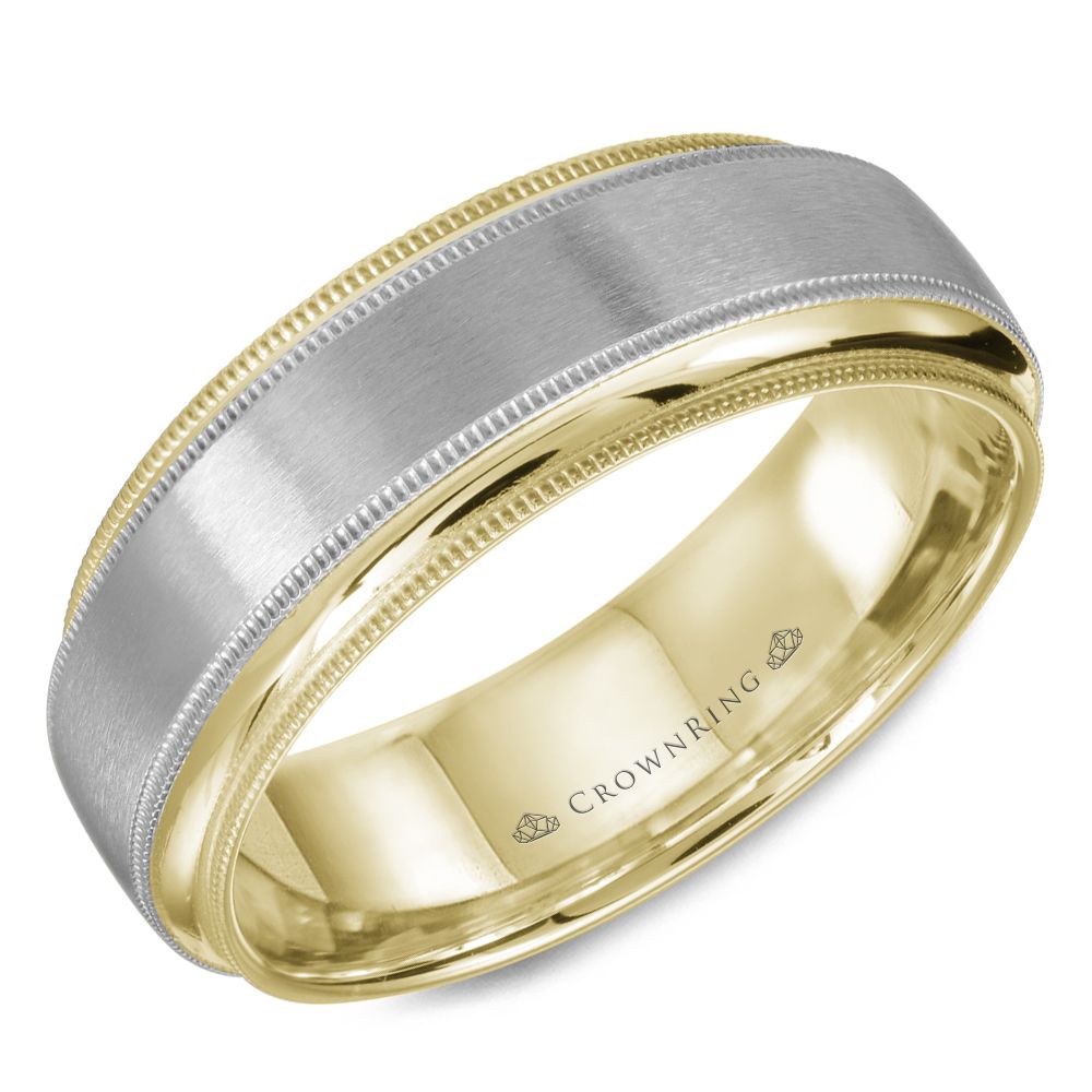 CrownRing White & Yellow 7MM Sandpaper & Milgrain Finish Wedding Band