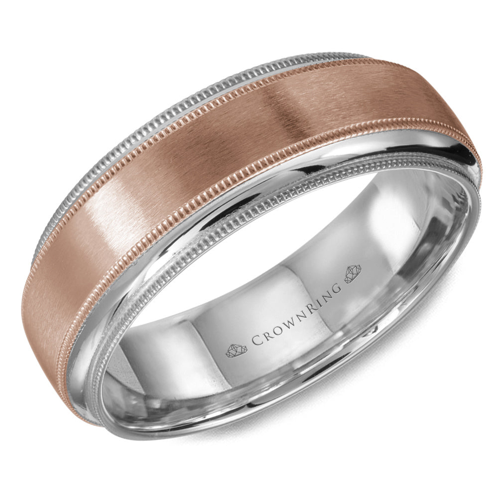 CrownRing Rose & White 7MM Sandpaper & Milgrain Finish Wedding Band