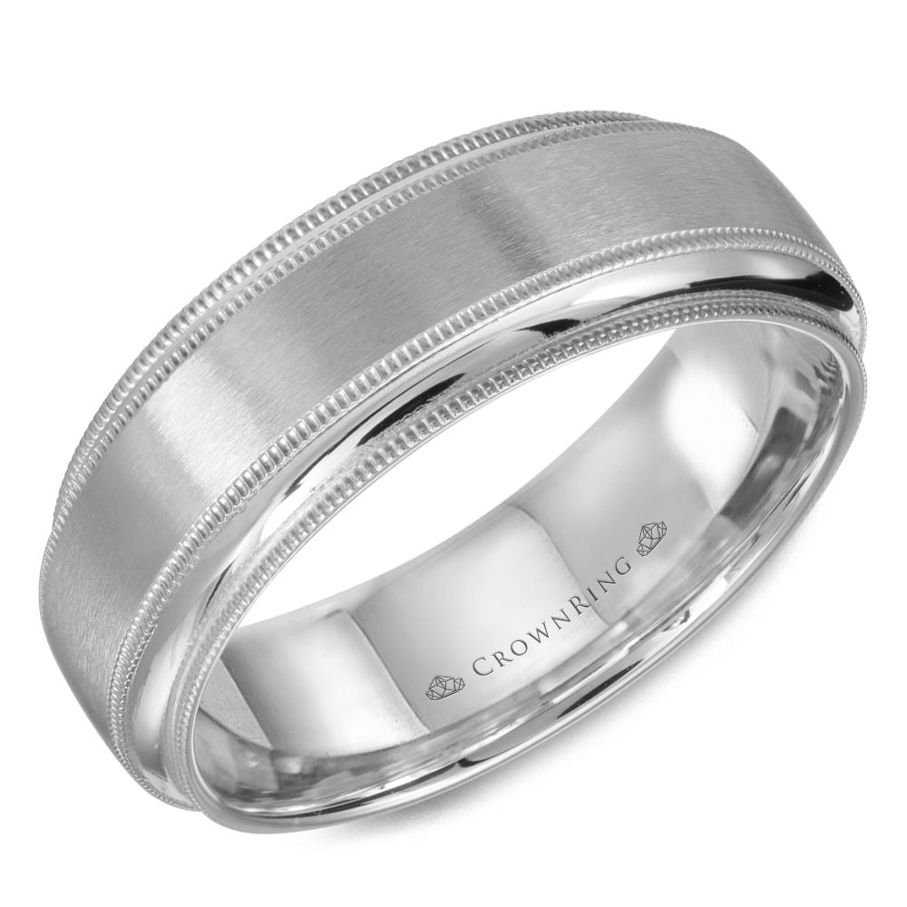 CrownRing White 7MM Sandpaper & Milgrain Finish Wedding Band