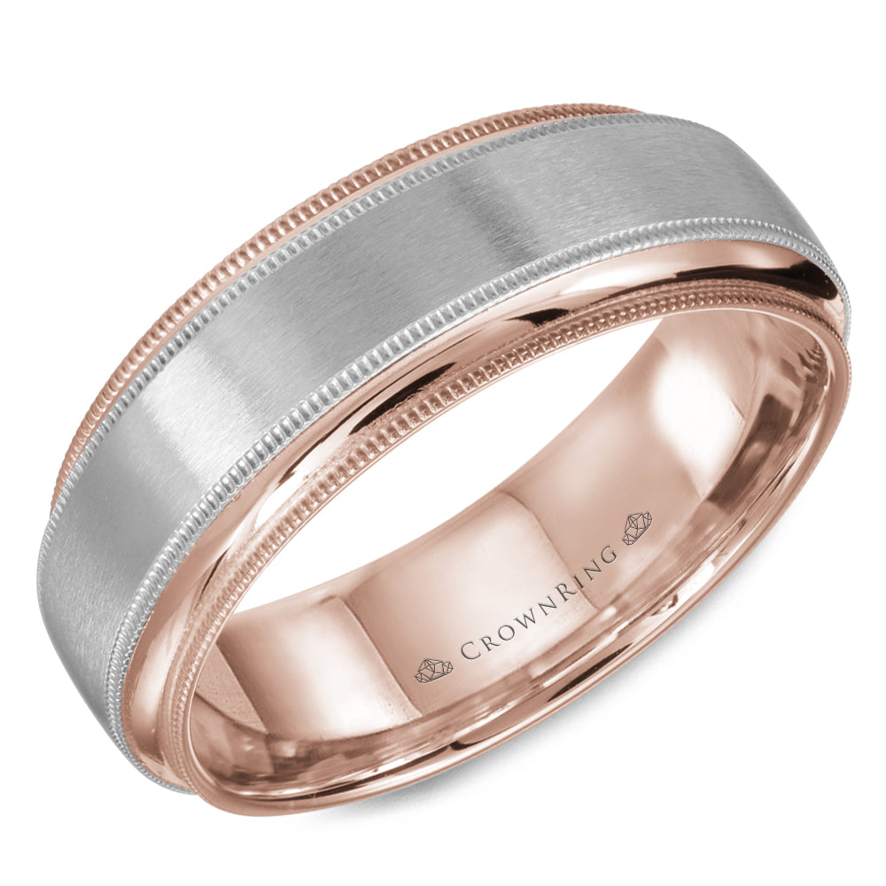 CrownRing White & Rose 7MM Sandpaper & Milgrain Finish Wedding Band