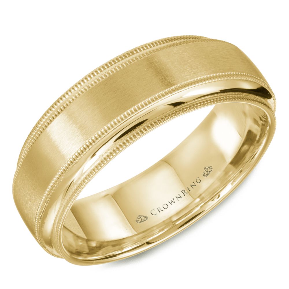 CrownRing Yellow 7MM Sandpaper & Milgrain Finish Wedding Band