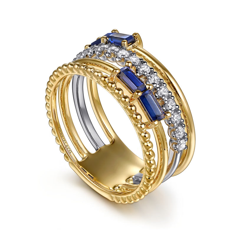 Gabriel & Co. Two-Tone Wide Band Diamond and Blue Sapphire 3D