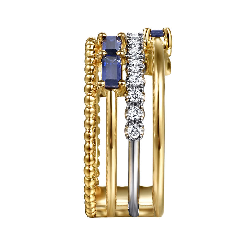 Gabriel & Co. Two-Tone Wide Band Diamond and Blue Sapphire Right