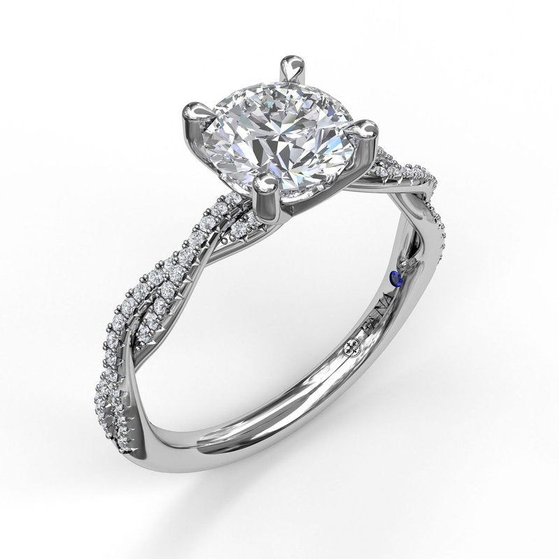 Fana 14K white gold pave double diamond twist engagement ring featuring 0.19 carats total weight of round cut diamonds set in both twisting bands.