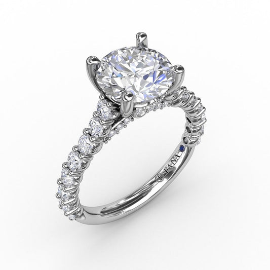 Fana 14K White Gold Contemporary Round Cut Side Prong Set Cathedral Diamond Engagement Ring Featuring 0.76 Carats of Round Cut Prong Set Diamonds.