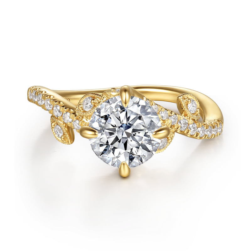Gabriel & Co. Darcie Yellow Gold Floral Nouveau leaf bypass engagement ring in 14K white gold with 0.25 ct of diamonds at Ben Garelick Jewelers 