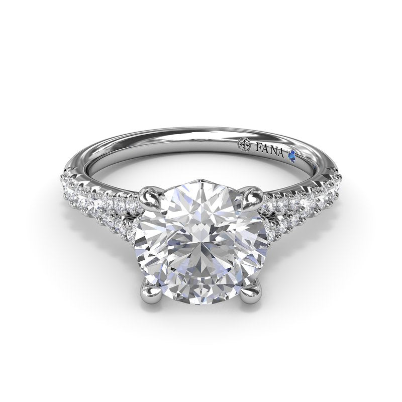 Fana 14K White Gold Round Cut High Polish Split Shank Diamond Engagement Ring Featuring 0.43 Carats Total Weight Round Cut Side Diamonds.