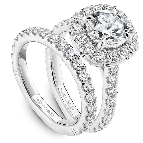 Noam Carver White Gold Large Halo Diamond Engagement Wedding Set with a Euro Shank