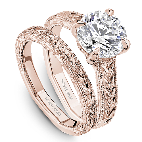 Noam Carver Rose Gold Milgrained Edges Diamond Wedding Ring Set