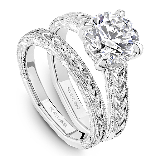 Noam Carver White Gold Milgrained Edges Diamond Wedding Ring Set