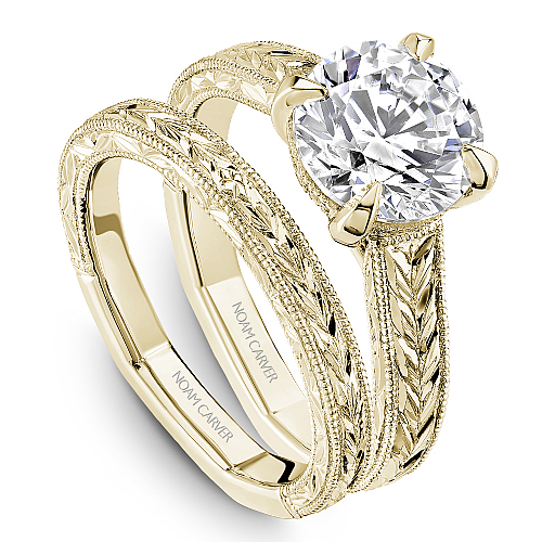 Noam Carver Yellow Gold Milgrained Edges Diamond Wedding Ring Set