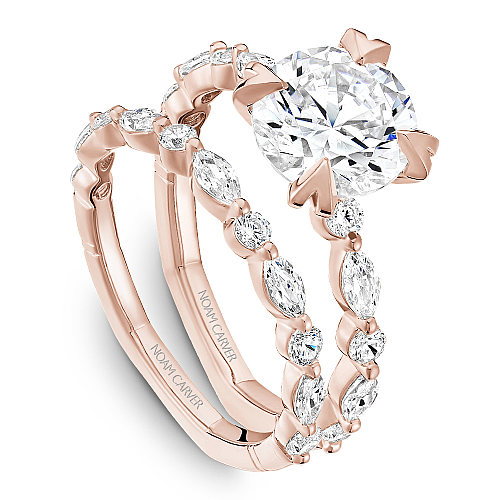 Noam Carver Rose Gold Marquise & Round Cut Diamond Wedding Ring Set