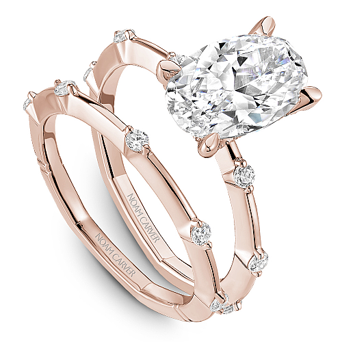 Noam Carver Rose Gold Station Style Hidden Halo Knife Edge Diamond Wedding Ring Set