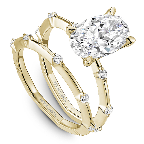 Noam Carver Yellow Gold Station Style Hidden Halo Knife Edge Diamond Wedding Ring Set