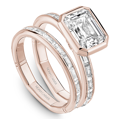 Noam Carver Rose Gold Contemporary East-West Bezel Set Emerald Cut Diamond Wedding Ring Set