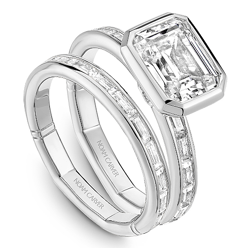 Noam Carver White Gold Contemporary East-West Bezel Set Emerald Cut Diamond Wedding Ring Set