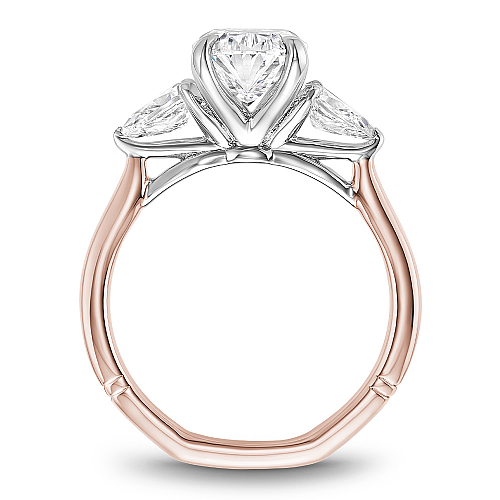 Angled view of the Noam Carver Atelier A092-02 three stone ring in two-tone rose & white gold, pear side diamonds on a soft square Euro shank
