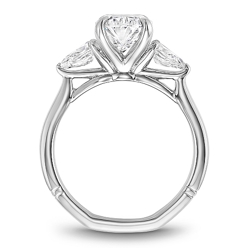 Angled view of the Noam Carver Atelier A092-02 three stone ring in white gold, pear side diamonds on a soft square Euro shank