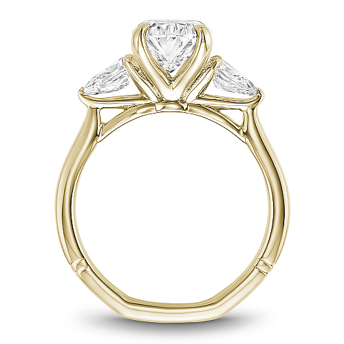 Angled view of the Noam Carver Atelier A092-02 three stone ring in yellow gold, pear side diamonds on a soft square Euro shank
