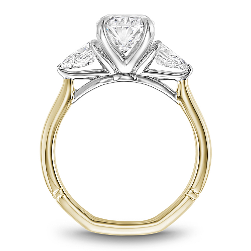 Angled view of the Noam Carver Atelier A092-02 three stone ring in two-tone yellow & white gold, pear side diamonds on a soft square Euro shank