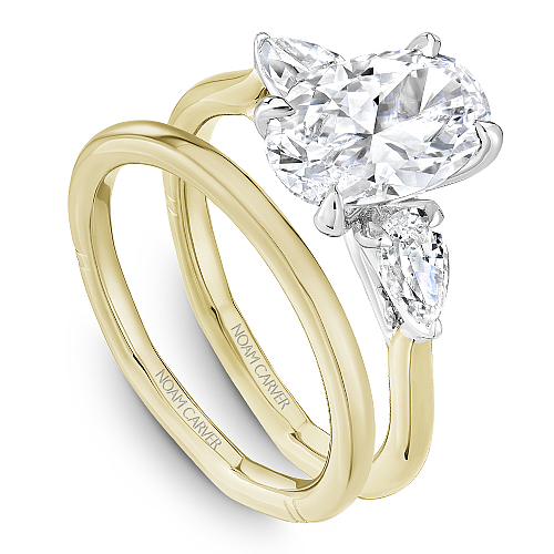 Noam Carver Atelier A092-02 three stone pear diamond engagement ring with matching plain wedding band in two-tone yellow & white gold