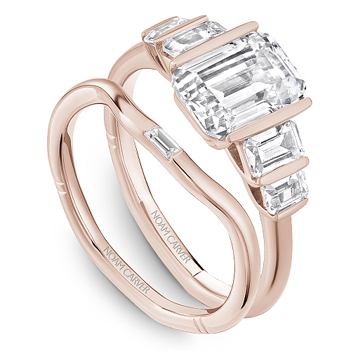 Noam Carver Rose Gold Emerald Cut Five Diamond Half-Bezel Engagement Ring Set