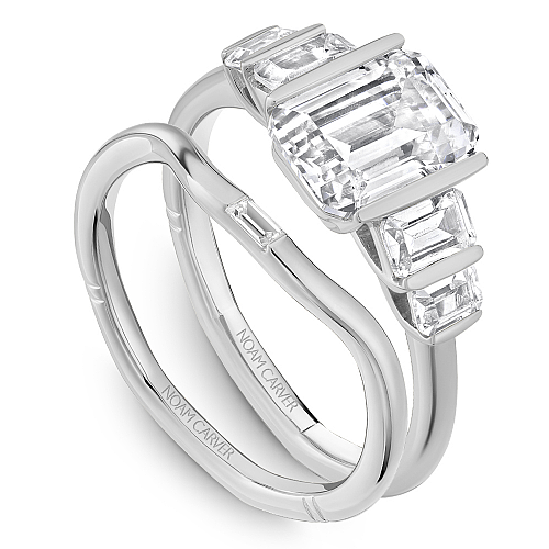 Noam Carver White Gold Emerald Cut Five Diamond Half-Bezel Engagement Ring Set