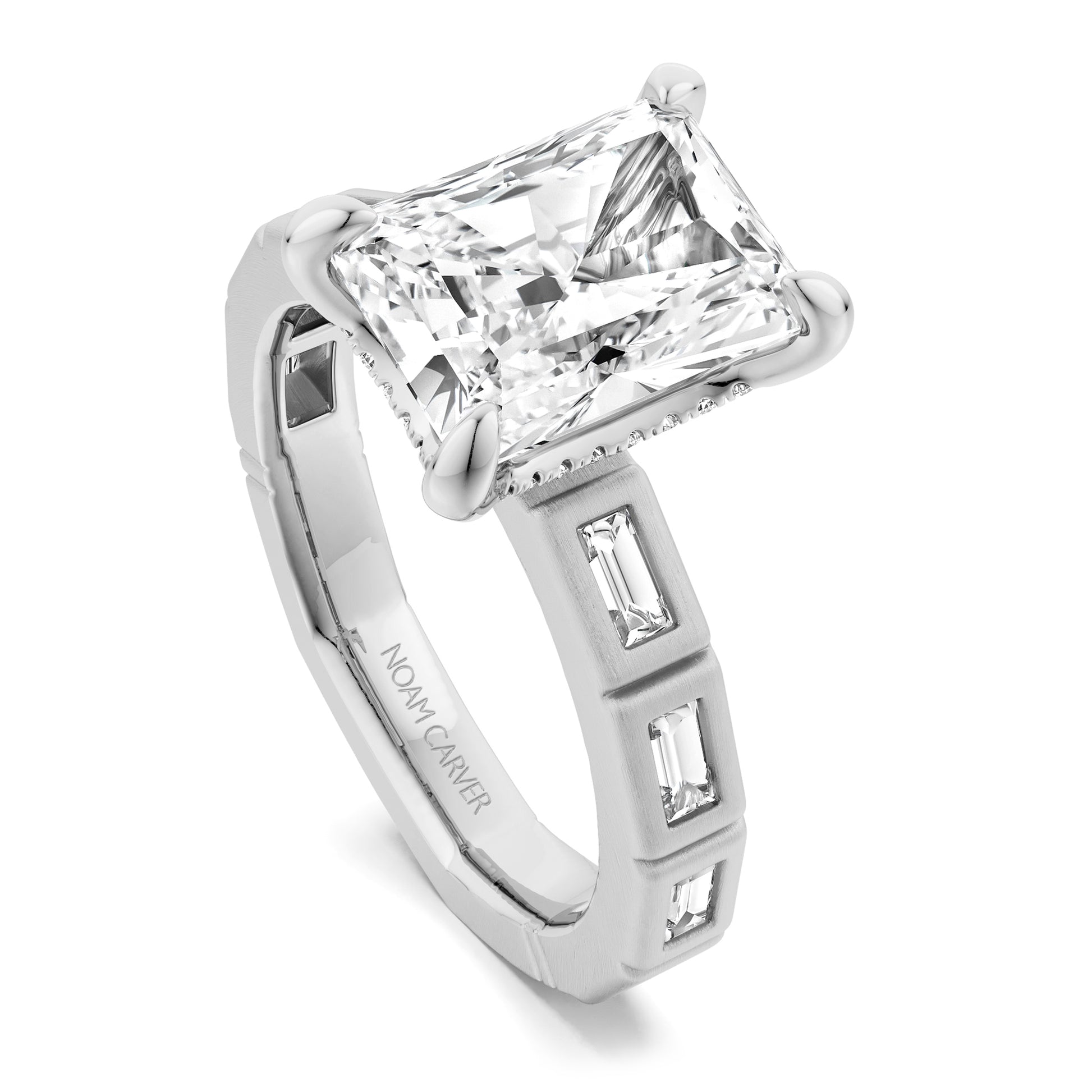 Noam Carver White Gold Atelier Flush Set East-West Set Side Baguette Cut Diamond Engagement Ring