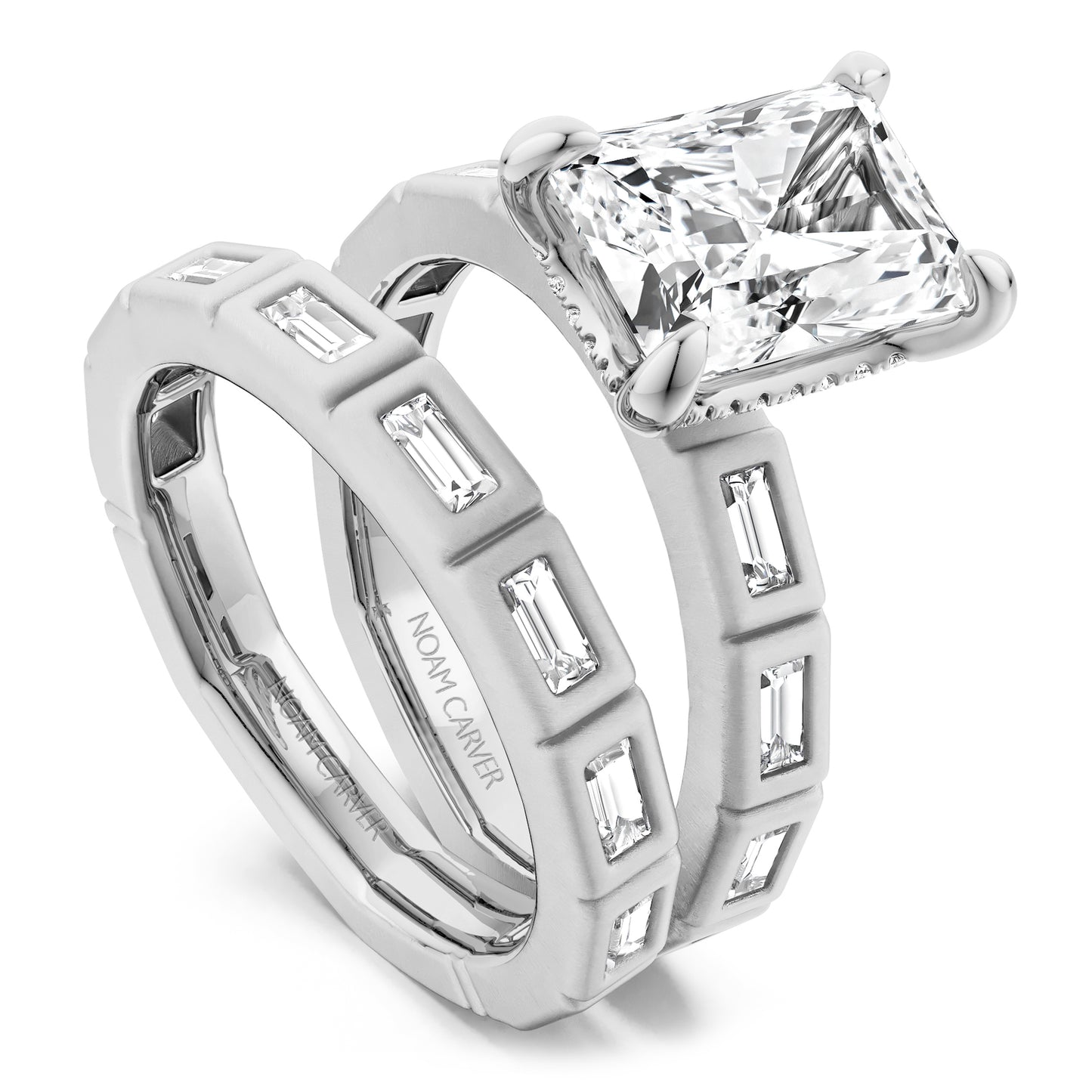 Noam Carver White Gold Atelier Flush Set East-West Set Side Baguette Cut Diamond Wedding Ring Set