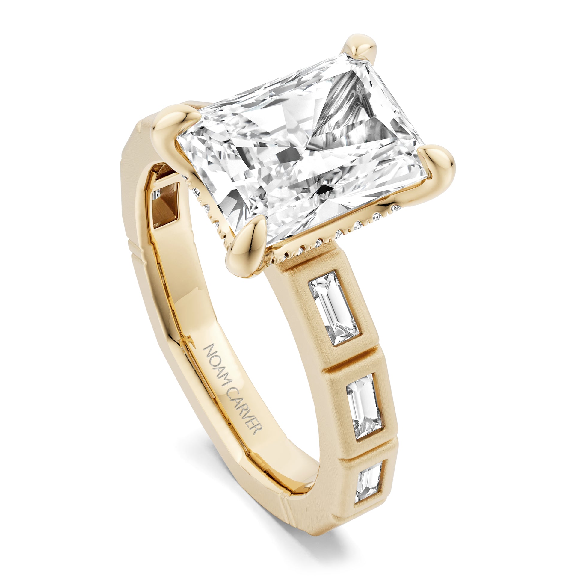 Noam Carver Yellow Gold Atelier Flush Set East-West Set Side Baguette Cut Diamond Engagement Ring