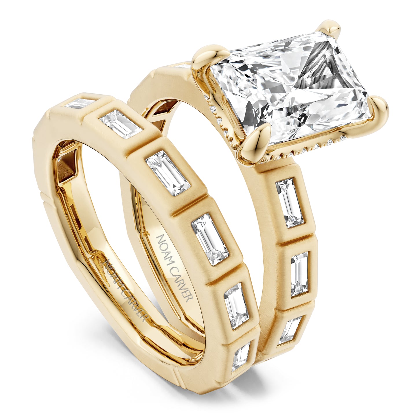 Noam Carver Yellow Gold Atelier Flush Set East-West Set Side Baguette Cut Diamond Wedding Ring Set