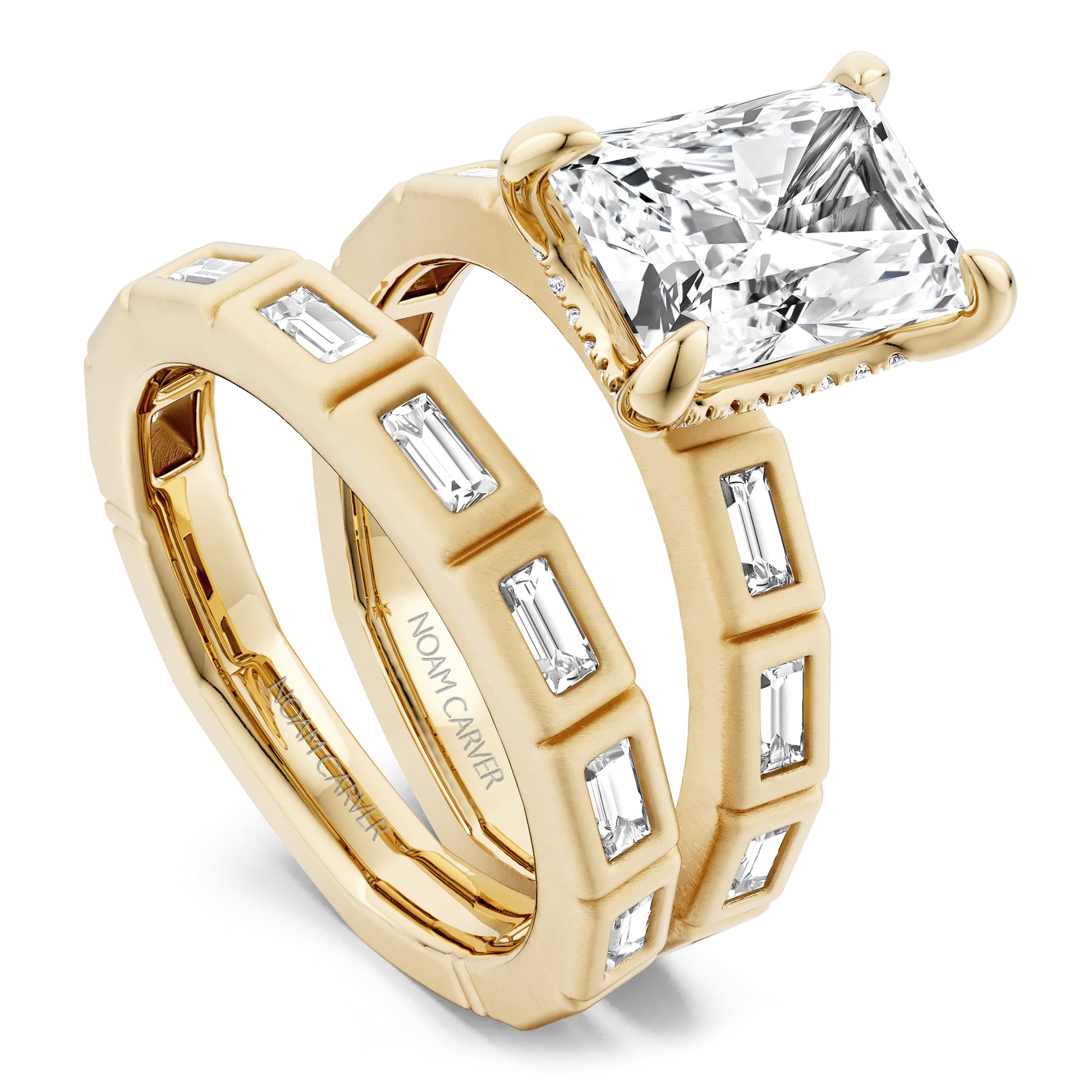 Noam Carver Yellow Gold Atelier Flush Set East-West Set Side Baguette Cut Diamond Wedding Ring Set