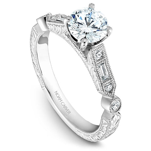 Noam Carver White Gold Vintage Style Baguette Side Diamond Engagement Ring