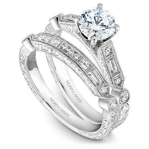 Noam Carver White Gold Vintage Style Baguette Side Diamond Engagement Ring