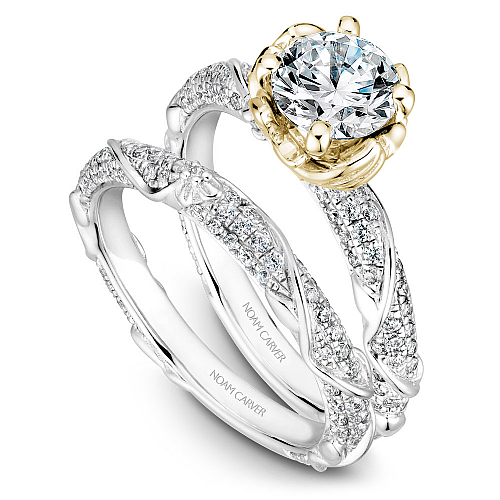Noam Carver White & Yellow Gold Intricate Floral Nature Inspired Diamond Wedding Ring Set 