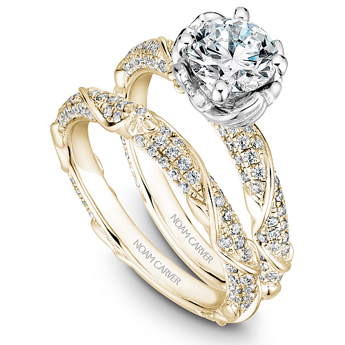 Noam Carver Yellow & White Gold Intricate Floral Nature Inspired Diamond Wedding Ring Set