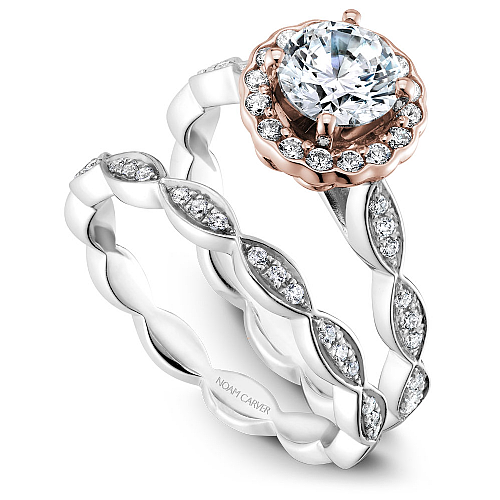 Noam Carver 14K White Gold Scalloped Halo Diamond Wedding Ring Set with Rose Gold Halo 