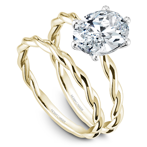 Noam Carver Yellow Gold High Polished Twist Oval Center Diamond Wedding Ring Set with White Gold Head