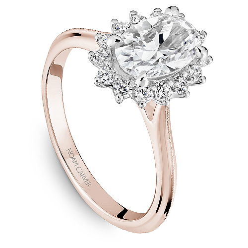 Noam Rose Gold Carver Oval Center Starburst Halo Diamond Engagement Ring with White Gold Head