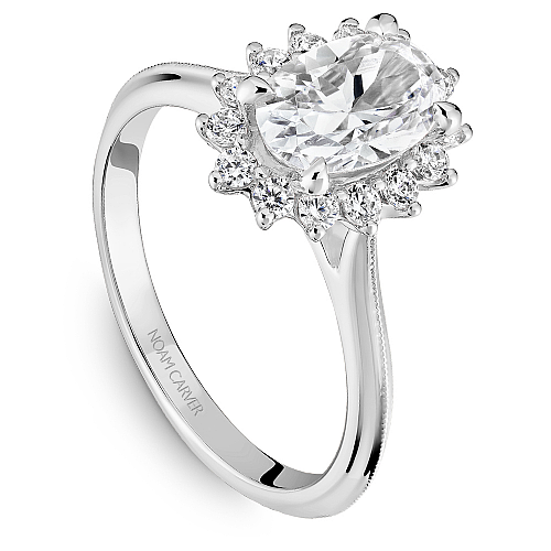 Noam White Gold Carver Oval Center Starburst Halo Diamond Engagement Ring 