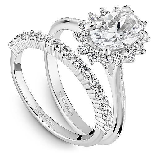 Noam White Gold Carver Oval Center Starburst Halo Diamond Wedding Ring Set