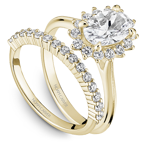 Noam Yellow Gold Carver Oval Center Starburst Halo Diamond Wedding Ring Set