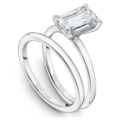 Noam Carver White Gold Emerald Cut High Polish Solitaire Wedding Ring Set