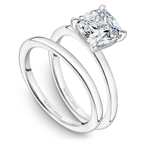 Noam Carver White Gold High Polish Cushion Cut Solitaire Wedding Ring Set