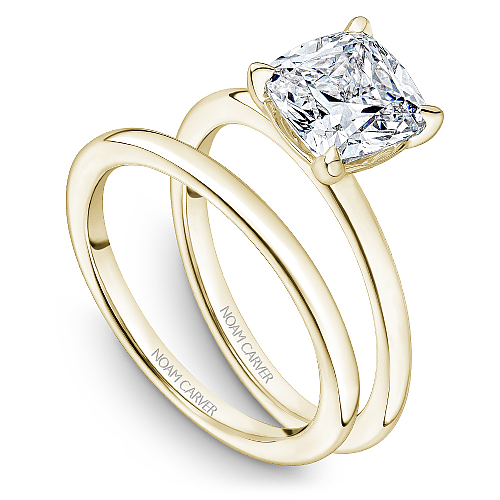 Noam Carver Yellow Gold High Polish Cushion Cut Solitaire Wedding Ring Set