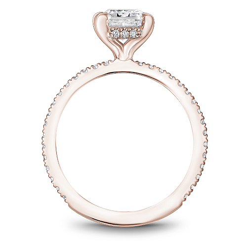 Noam Carver Rose Gold Prong Set Hidden Halo Emerald Cut Diamond Engagement Ring Featuring 0.30 Carats Total Weight Round Cut Shared Prong Set Diamonds.