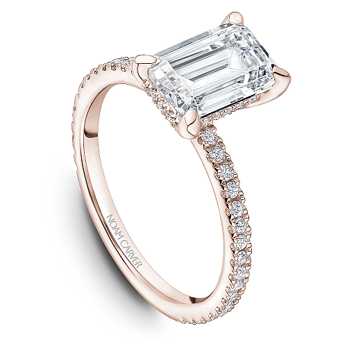 Noam Carver Rose Gold Prong Set Hidden Halo Emerald Cut Diamond Engagement Ring Featuring 0.30 Carats Total Weight Round Cut Shared Prong Set Diamonds.